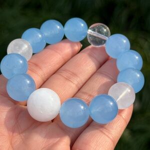 14mm‎ stretchable blue agate clear quartz bracelet 1052